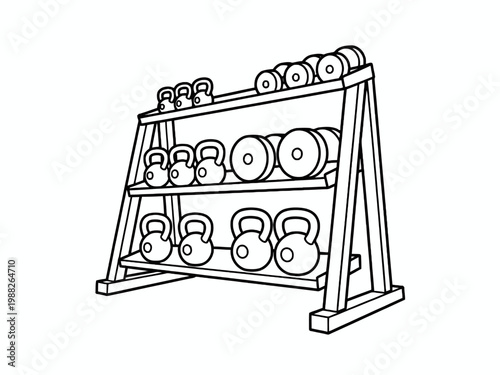 Kettlebell and dumbbell weight rack line art illustration