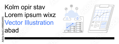 Business analytics, cloud computing, data visualization, financial tracking, technology integration, digital trends. Cloud with connections, chart with growth arrow clipboard graph. Data