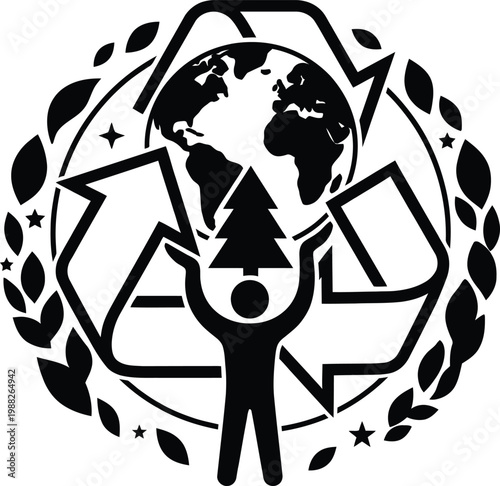 Recycling symbol encompassing the globe held by a person, signifying global environmental responsibility and sustainability, with leaves and stars