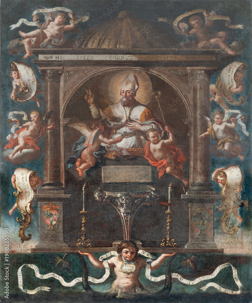 Fototapeta premium MAIORI, ITALY - OCTOBER 2, 2025: The baroque painting of Saint Blaise in the church Chiesa di San Domenico by unknown artist 