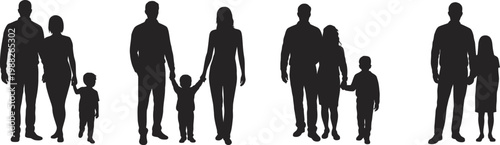Set of diverse family silhouettes featuring fathers mothers and children in different poses isolated on white for commercial graphic projects.