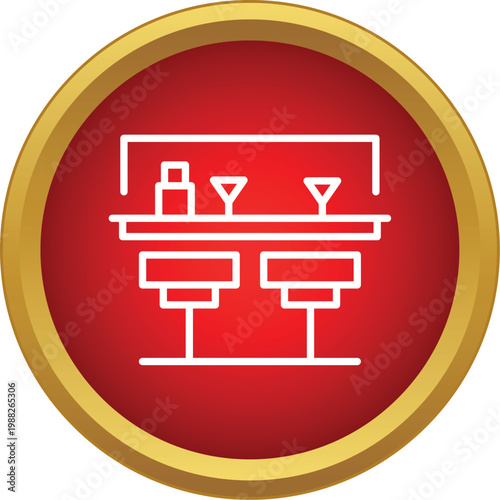 Bar counter with alcohol bottles and two stools outlining a beverage and entertainment concept