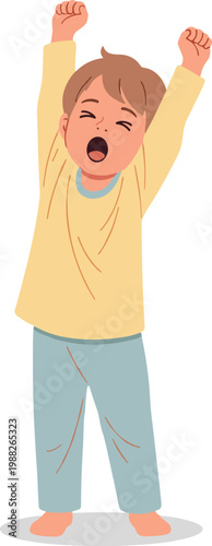 Flat Illustration Sleepy Young Boy Stretching Arms in The Morning Illustration