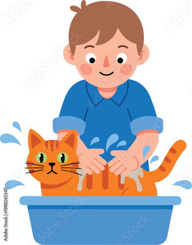 Flat Graphic Boy Washing Orange Striped Tabby Cat in Tub Illustration
