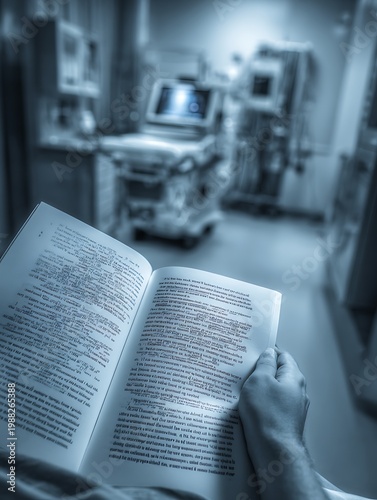 Patient holds an open book while sitting in a sterile hospital room with medical equipment nearby.
