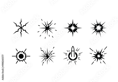 Collection of Eight Black Starburst and Explosion Icons.