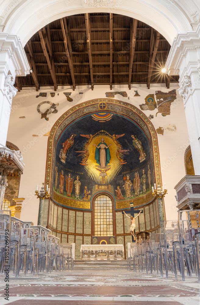 Naklejka premium SALERNO, ITALY - OCTOBER 6, 2025: The presbytery with mosaic of St. Assumption and sanits in the apse of Cathedral of St. Matthew by workroom from Ravenna (1950 - 1950).