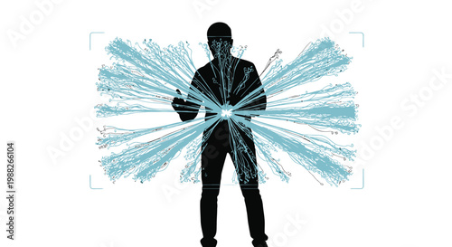 Futuristic hacker, cyber attack, blue light trails, silhouette, technology background