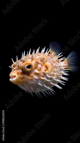 A close-up view of a pufferfish showcasing its unique texture and features against a dark backdrop