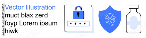 Cybersecurity, identity protection, healthcare safety, data privacy, biometric security, password authentication. Design features lock, fingerprint shield and a medicine bottle. Cybersecurity