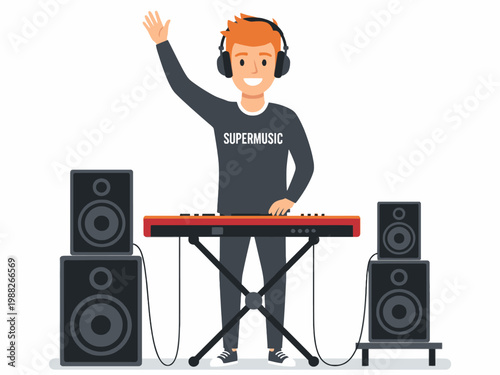 DJ Musician Character Playing Keyboard Synthesizer with Speakers
