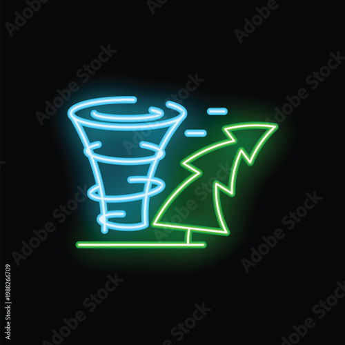 Neon style icon of a tornado destroying a forest
