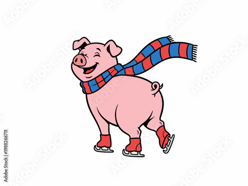 Cartoon pig character ice skating wearing scarf and skates