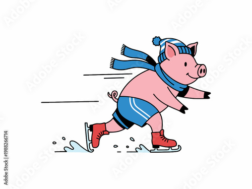 Pig ice skating wearing winter scarf and hat illustration
