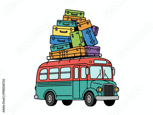 Retro bus with pile of colorful suitcases on roof rack
