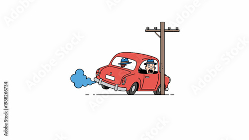 Red Car Crashing Into Utility Pole with Shocked Drivers