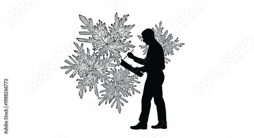 Black silhouette man holding snowflakes, winter icon, frosty weather symbol, monochrome graphic