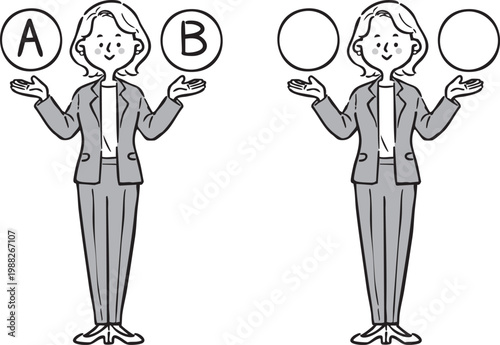 AとBの選択肢　キャリアウーマン　全身　ベクター（モノクロ）