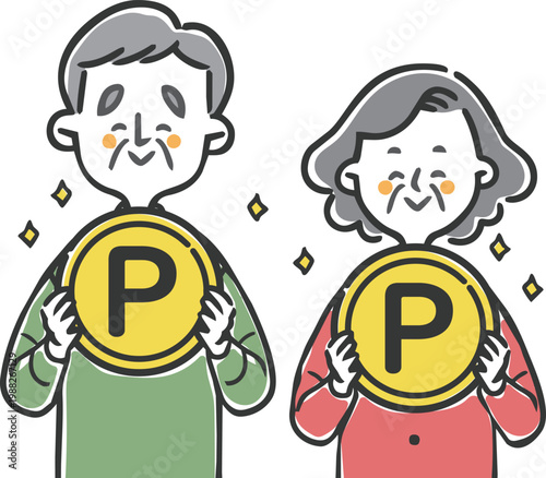 ポイントのコインを持つシニア夫婦　上半身　ベクター