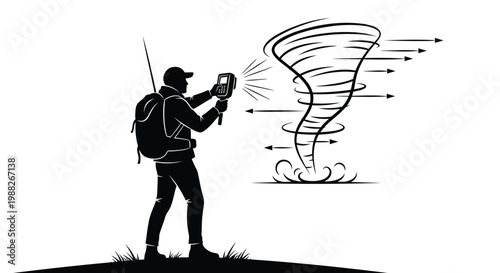 Weather, storm, tornado, meteorology, vector, black, illustration, man, photographer, camera