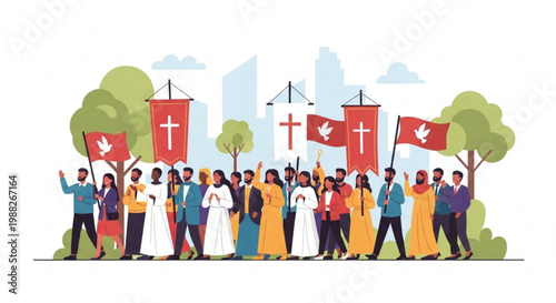 Diverse group of people marching with Christian flags and symbols representing faith and community suitable for religious events and concepts