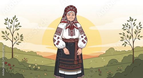 Elderly woman in traditional Ukrainian embroidered clothing standing in a field at sunset cultural heritage illustration