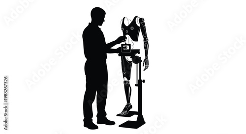 Prosthetic limb, man with robotic leg, bionic prosthesis, silhouette illustration