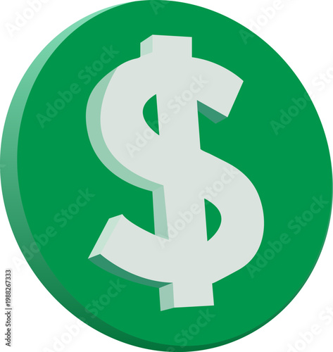 Minimalist Green Circular 3D Icon with Embossed White Dollar Symbol