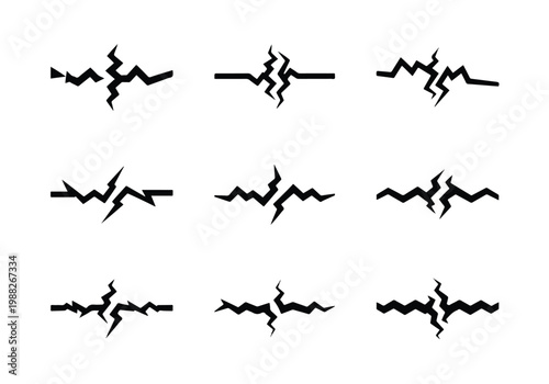 Set of nine black crack line graphic elements.