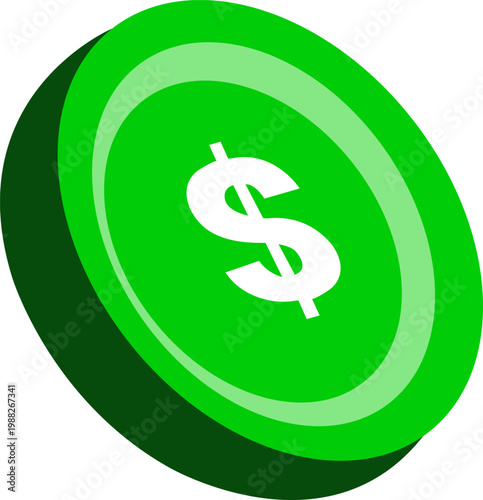 Green Glossy 3D Coin with White Dollar Sign for Modern Financial Apps