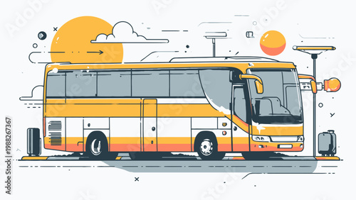 Dynamic flat vector illustration of a modern yellow and white passenger bus, ideal for public transport and travel concepts, with a clean graphic design