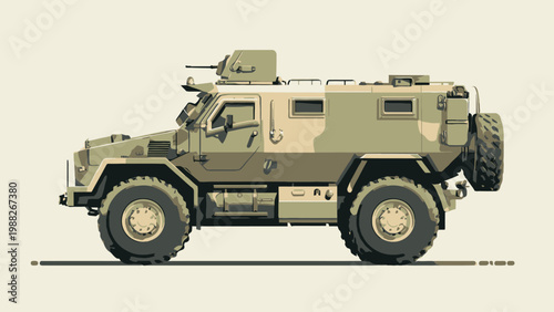 Reliable armored military transport vehicle illustration rendered in a clean, simplified flat vector style, representing modern defense