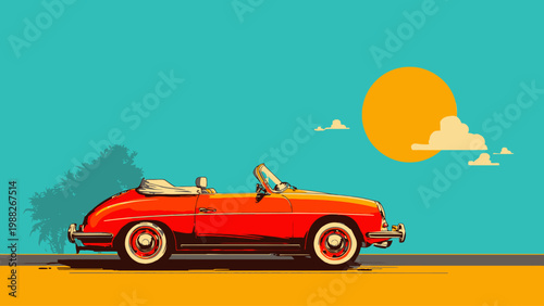 Vintage red convertible car driving on a sunny day, retro summer vacation vector illustration