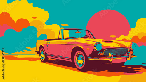 Retro Convertible Car Under a Vibrant Sunset A Pop Art Illustration