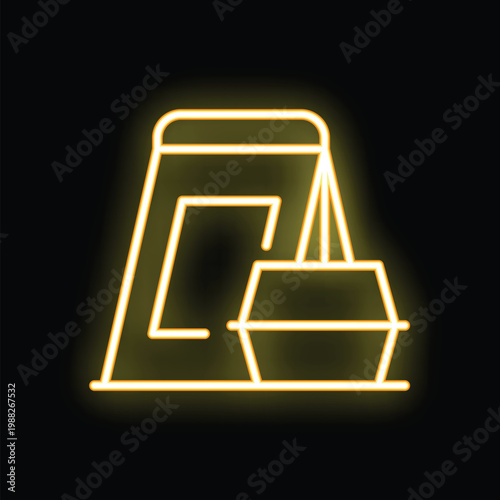 Glowing neon icon of take away food bag and container isolated on black background