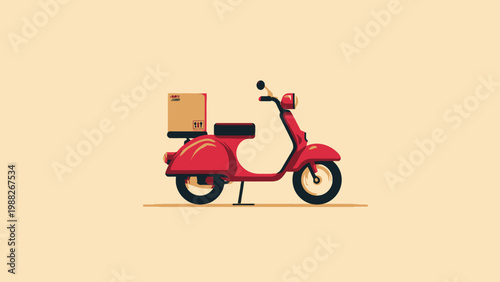 Red scooter with a delivery box on the back, perfect for courier services and transportation themes