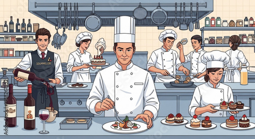Professional chefs and culinary team working in a busy restaurant kitchen preparing gourmet food and desserts illustration for hospitality industry