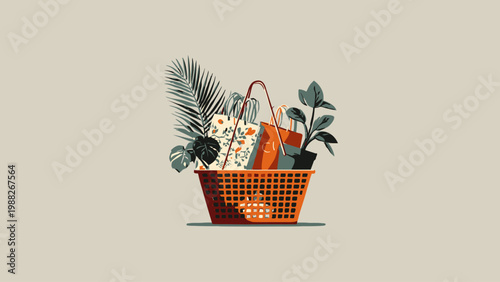 Vibrant vector illustration showcasing a sustainable shopping basket overflowing with eco-friendly reusable bags, fresh green plants, and conscious consumer choices, embodying a greener lifestyle