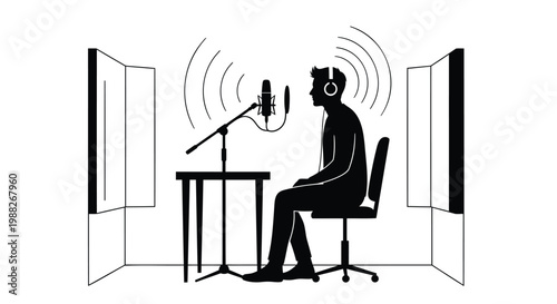 podcast recording, voice over studio, microphone setup, broadcasting equipment, vector illustration