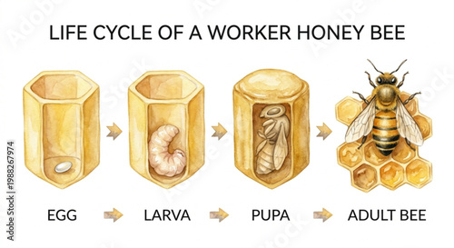 Watercolor Honey Bee Life Cycle: Egg to Worker Bee