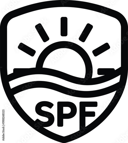 SPF sun protection shield icon with sun and waves symbol for skincare product.