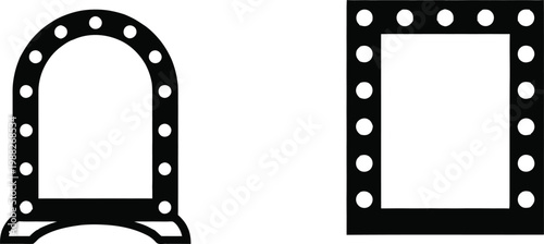 Makeup vanity mirror icons with light bulbs in arch and rectangular frames for beauty salon and dressing room design.