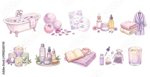 Watercolor Self Care Clipart Set — 10 Spa Bath Beauty Wellness & Relaxation Illustration
