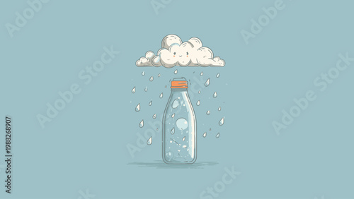Illustration of a bottle collecting raindrops from a cloud