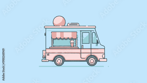 Delightful Ice Cream Truck Illustration Offering Sweet Treats on a Pastel Background