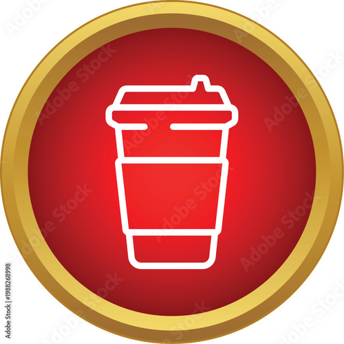 Coffee cup icon depicting hot takeaway beverage in a red circle with golden border