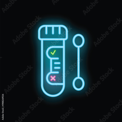 Glowing neon icon of a test tube with a cotton swab, symbolizing medical testing