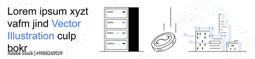 Financial technology, cryptocurrency, data storage, urban infrastructure, cloud computing, fintech innovation. Server stack, coin city buildings. Financial technology and cryptocurrency concept