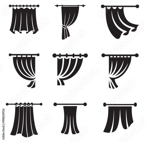 Modern Curtain Silhouette Set Vector Icons Window Drapery Collection