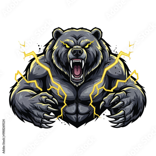 Aggressive Bear Mascot Illustration with Electrifying Lightning, Embodying Untamed Power, Strength, and Wild Ferocity for Sports or Branding
